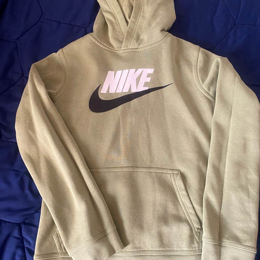 Nike Kids Soft Green Hoodie with Black Swoosh and Pink Logo